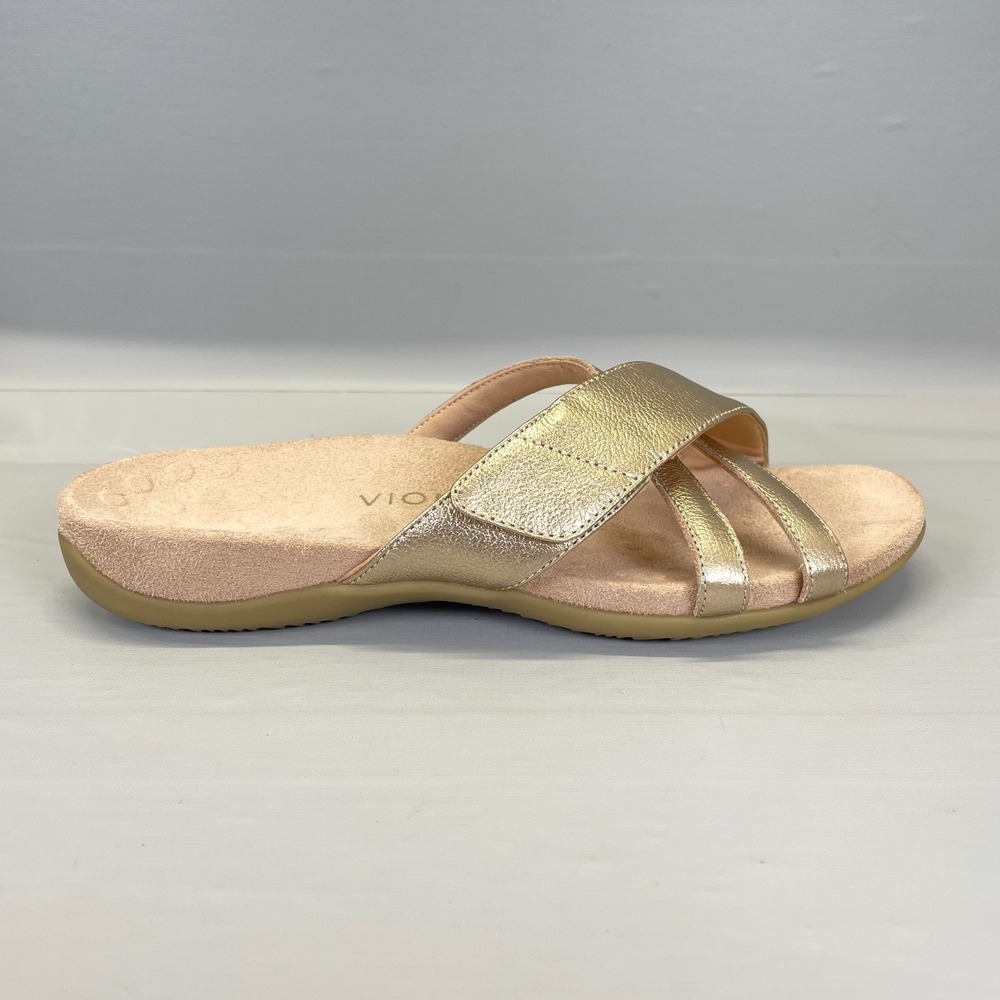 Vionic Zarie Sandals Womens Size 10 Gold Leather Slides Strappy Comfort Shoes